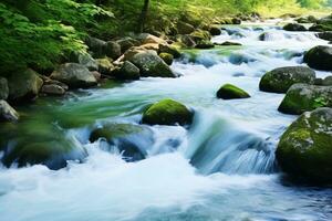 ai generado montaña corriente en el bosque. hermosa naturaleza escena con rápido fluido agua. ai generado. foto