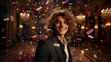 AI generated Portrait of a young man with curly hair in a black suit on the background of a night club with confetti. AI Generated. photo