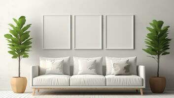 AI generated Modern living room interior with white sofa and mock up poster frame. AI Generated. photo