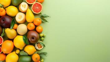 AI generated Assorted Fresh Fruits on a Green Background. AI Generated. photo