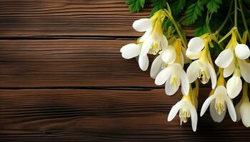 AI generated Bouquet of white freesia flowers on a wooden background. AI Generated. photo