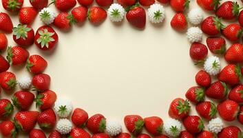 AI generated Strawberry frame with copy space on beige background. AI Generated. photo