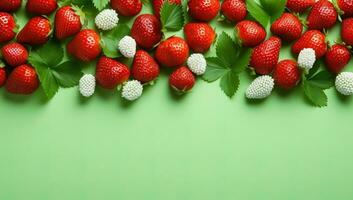 AI generated Fresh strawberries with leaves on green background, top view. Space for text. AI Generated. photo