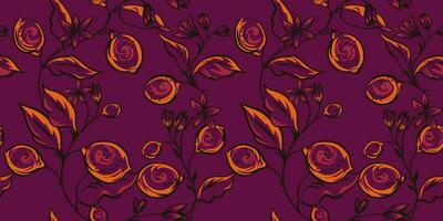 Abstract stylized shape branches leaves with lemon, flowers seamless pattern. Vector hand drawn sketch. Simple brush floral on a burgundy printing. Design for fabric, fashion, wallpaper