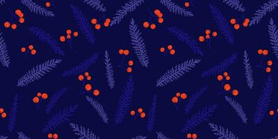 Seamless creative tiny branches leaves and berries, dots pattern on a dark purple blue background. Vector hand drawn sketch. Elegance abstract leaf floral printing. Design for fabric, fashion