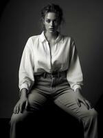 AI generated Beautiful young female model posing in old denim jeans and shirt in black and white portrait photo