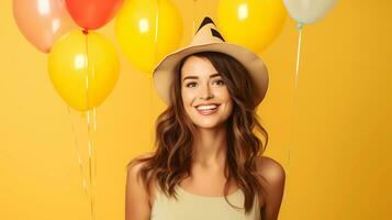 AI generated A happy beautiful Asian woman wearing yellow top and hat. Concept of selfie and happy expression. The concept of a birthday party photo