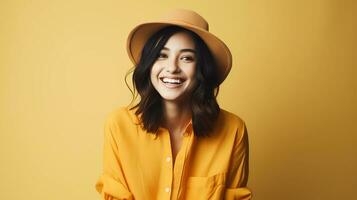ai generado un contento hermosa asiático mujer vistiendo amarillo parte superior y sombrero. concepto de selfie y contento expresión foto