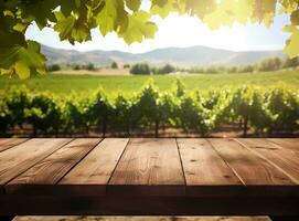 AI generated The empty wooden brown table top with blur background of Napa hill landscape. Exuberant image. Ideal for product placement photo