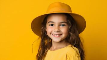 ai generado un contento joven niña con sombrero y amarillo parte superior en un amarillo antecedentes. el concepto de un cumpleaños fiesta o verano vacaciones. verano concepto. foto