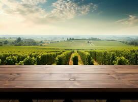 ai generado el vacío de madera marrón mesa parte superior con difuminar antecedentes de napa colina paisaje. exuberante imagen. ideal para producto colocación foto