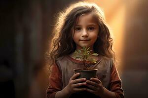 ai generado un pequeño niña participación un pequeño árbol con un maceta en curioso a el cámara. salvar el árbol concepto foto