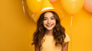 ai generado un contento joven niña con sombrero y amarillo parte superior en un amarillo antecedentes. el concepto de un cumpleaños fiesta o verano vacaciones. verano concepto. foto