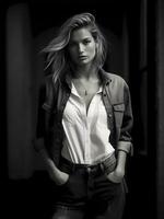 AI generated Beautiful young female model posing in old denim jeans and shirt in black and white portrait photo