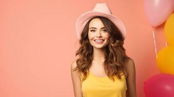 ai generado un contento cumpleaños mujer con sombrero y rosado pastel en rosado pastel antecedentes. el concepto de un cumpleaños fiesta foto