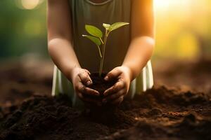 AI generated A kid hands holding a small plant with soil on sunny warm background. Save the tree concept photo