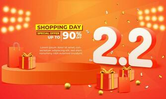 2.2 shopping day anniversary background, banner with shop bag, gift box for commercial promotion vector