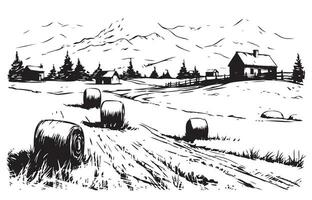 Wheat Fields with Haystacks and Windmill vector