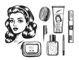 productos cosméticos conjunto retro bosquejo mano dibujado en garabatear estilo vector ilustración