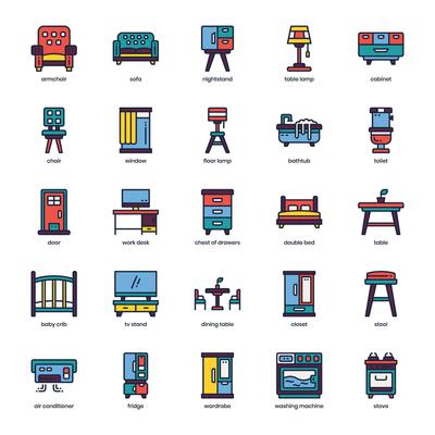 Furniture icon pack for your website design, logo, app, and user interface. Furniture icon filled color design. Vector graphics illustration and editable stroke.