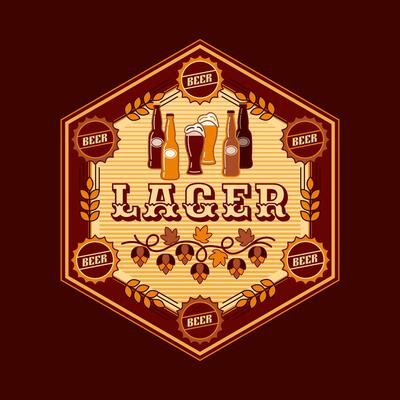 Beer hexagon logo in simple geometric style with icons of bottle caps, beer bottles, glasses, hop cones. Good for branding, decoration of food package, cover design, decorative prints