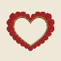 Empty heart shaped golden frame with red roses outside on white background. Holiday design element for Happy Valentines day, Save the date greeting card, wedding, engagement event. vector