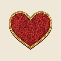 Golden heart shaped frame full of red roses in on white background. Holiday design element for Happy Valentines day, Save the date greeting card, wedding, engagement event. vector