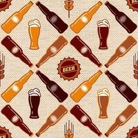 Seamless pattern with icons of beer bottle, cans, beer drink glasses, barley spikes on jute textured background. For branding, decoration of beer package, decorative print. Simple flat style vector