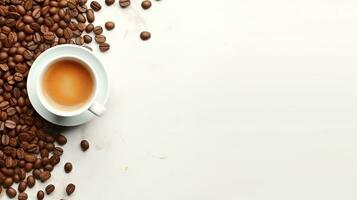 AI generated Cup of Coffee with Coffee Beans on Minimalist Background, Copy Space. Presentation, Drink photo