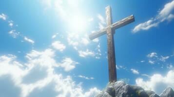 AI generated Glorious Wooden Cross. Religious, Spiritual, Christianity, Symbol photo