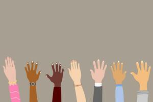 Raised hands of multiethnic people. Volunteer people group concept. Vector illustration.