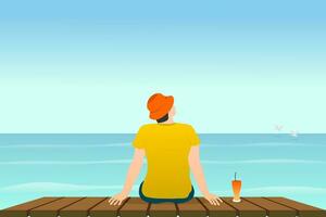 Back view of a man sitting on wooden deck with ocean view. Vector illustration.