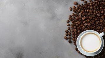 AI generated Cup of Coffee with Coffee Beans on Minimalist Background, Copy Space. Presentation, Drink photo