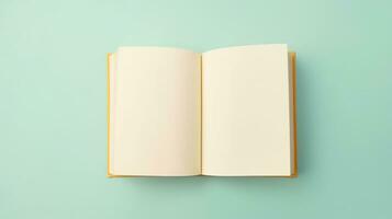 AI generated Blank Open Book Isolated on Pastel Color Background. Study, Education, Knowledge, Mockup photo