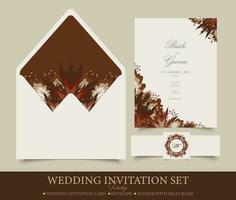 Wedding invitation set template with brown leaves. Set of three vector templates includes a wedding invitation card, an envelope and a sticker.