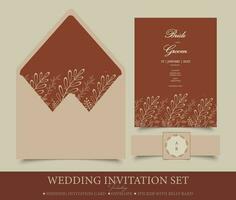 Elegant wedding invitation set template. Set of three vector templates includes a wedding invitation card, an envelope and a sticker.