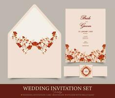 Floral wedding invitation set template in peach color. Set of three vector templates includes a wedding invitation card, an envelope and a sticker.