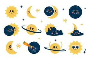 Set of kawaii solar eclipse elements in flat cartoon style vector