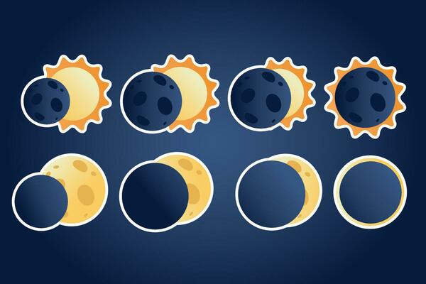 Solar, lunar eclipse stickers in flat cartoon style