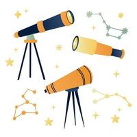 conjunto de telescopios en plano dibujos animados estilo con estrellas vector