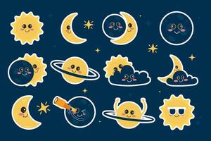 Set of kawaii stickers solar eclipse elements in flat cartoon style vector