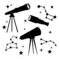 conjunto de silueta telescopios en plano dibujos animados estilo con estrellas vector