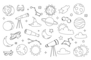 Set of outline cute solar eclipse in flat cartoon style vector