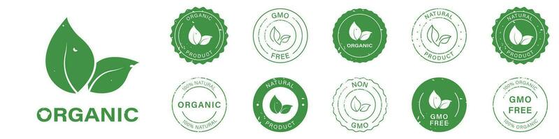 orgánico bio producto grunge pegatina recopilación. 100 por ciento eco natural verde insignia. vegano comida redondo etiqueta. no gmo emblema. gmo gratis caucho sello colocar. aislado vector ilustración.