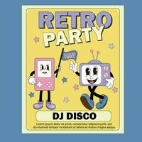 Retro party banner. Retro graphic design template. Poster templates with happy nineties symbols, neo brutalism, gamepad and devices, headphones and other retro pop culture signs. vector