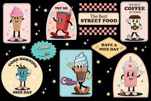 Trendy sticker set with cool retro characters of fast food coffee, ice cream, milkshake. Mascot branding for cafe, takeaway, breakfast. Fresh bakery menu. Groovy funky in trendy retro cartoon style vector