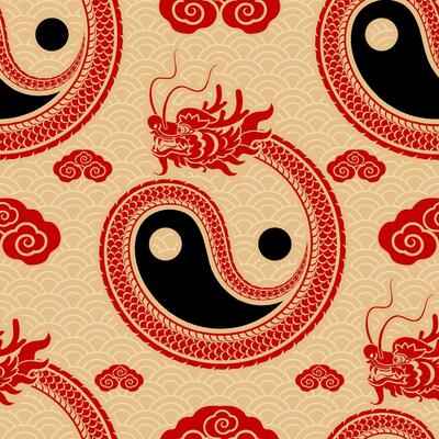 Seamless pattern happy chinese new year 2024 the dragon zodiac sign with asian elements paper cut style on color background.