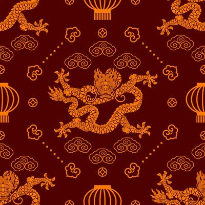 Seamless pattern happy chinese new year 2024 the dragon zodiac sign with asian elements paper cut style on color background.