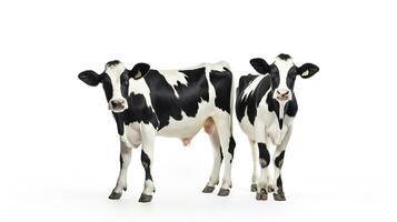 ai generado negro blanco vaca en blanco antecedentes. leche, carne, carne de res, rancho, granja foto