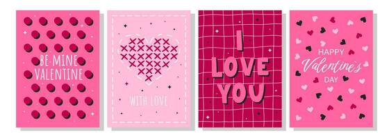 Valentine's Day greeting card set. Hand drawn trendy cartoon heart, love lettering. Vector illustration